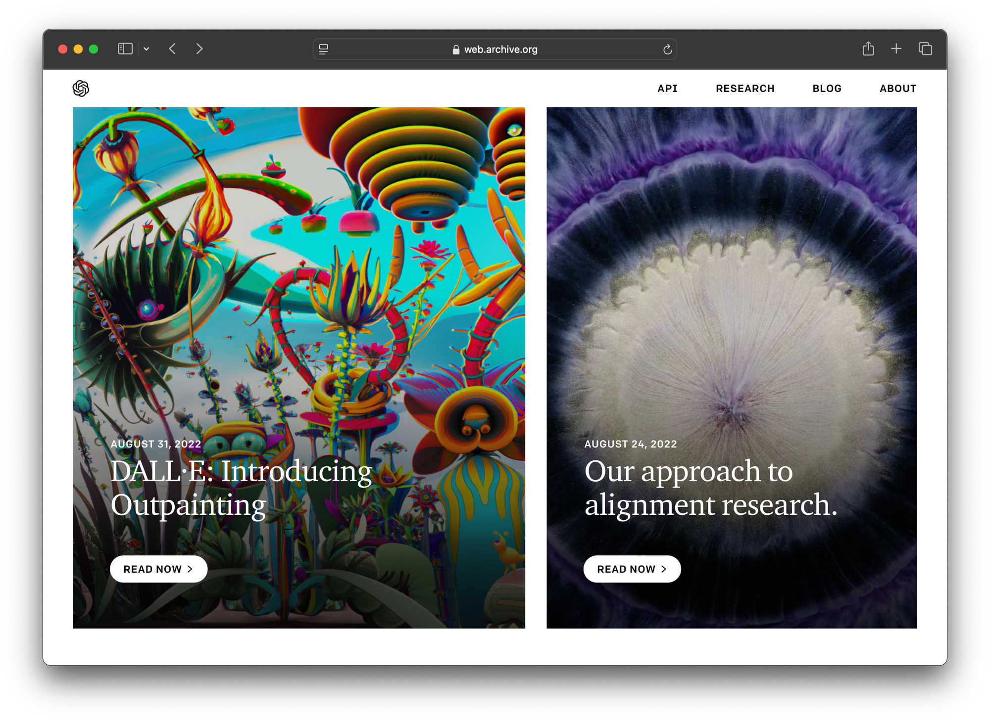 A screenshot of the OpenAI homepage in 2022. There are two big, AI generated abstract images. On the left, there's a title that says "DALL-E: Introducing Outpainting" and on the right another title "Our approach to alignment research"
