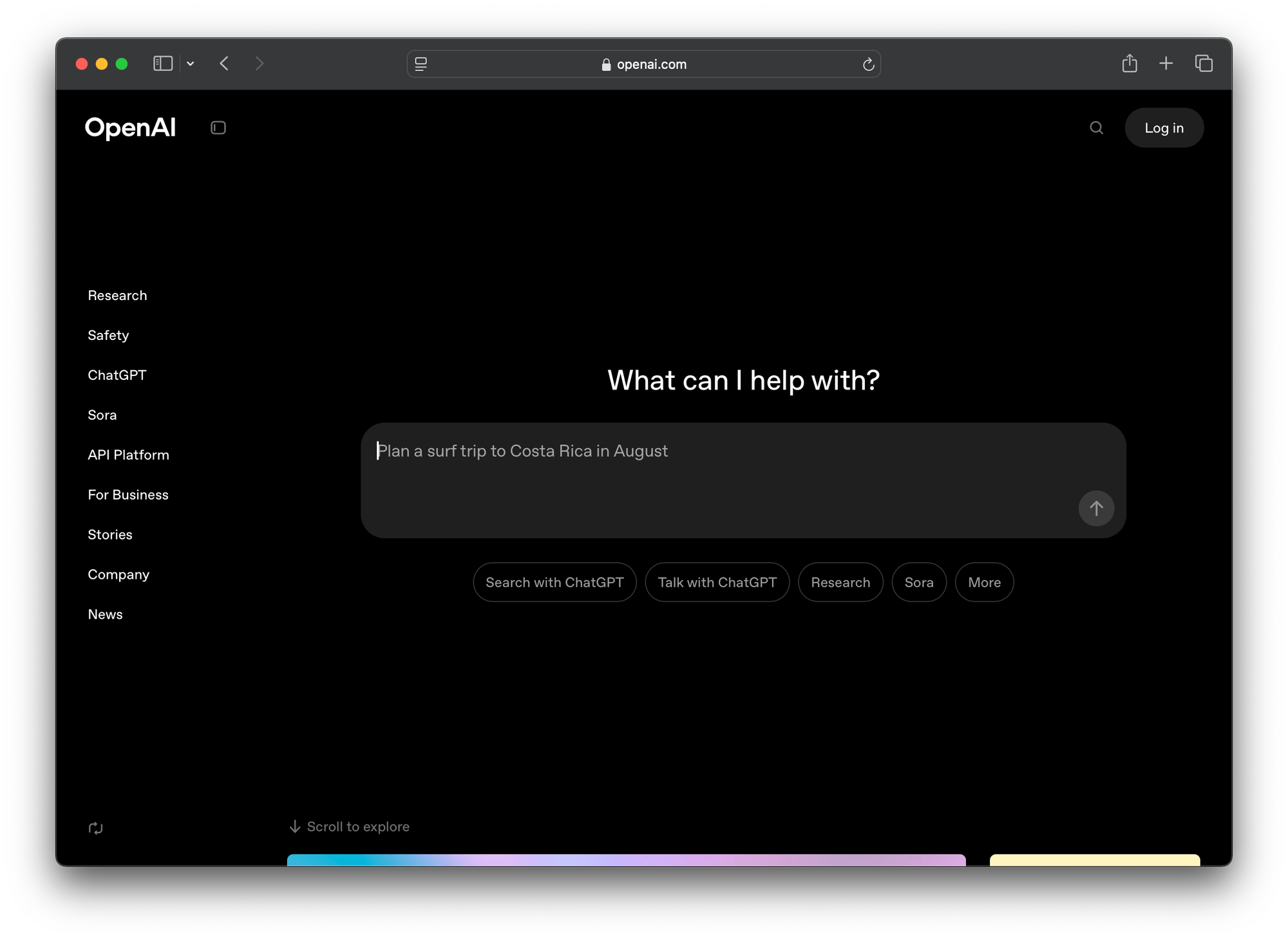 A screenshot of the OpenAI website today. It's a clean website with a search bar in the middle, with the prompt "what can I help with?"